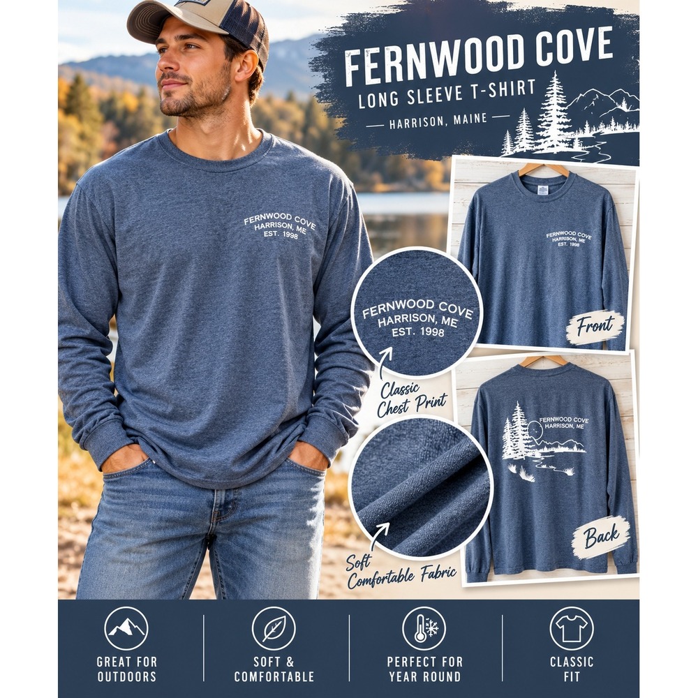 Fernwood Cove Harrison Maine Summer Camp Long Sleeve Tee Blue Gildan Size XL
